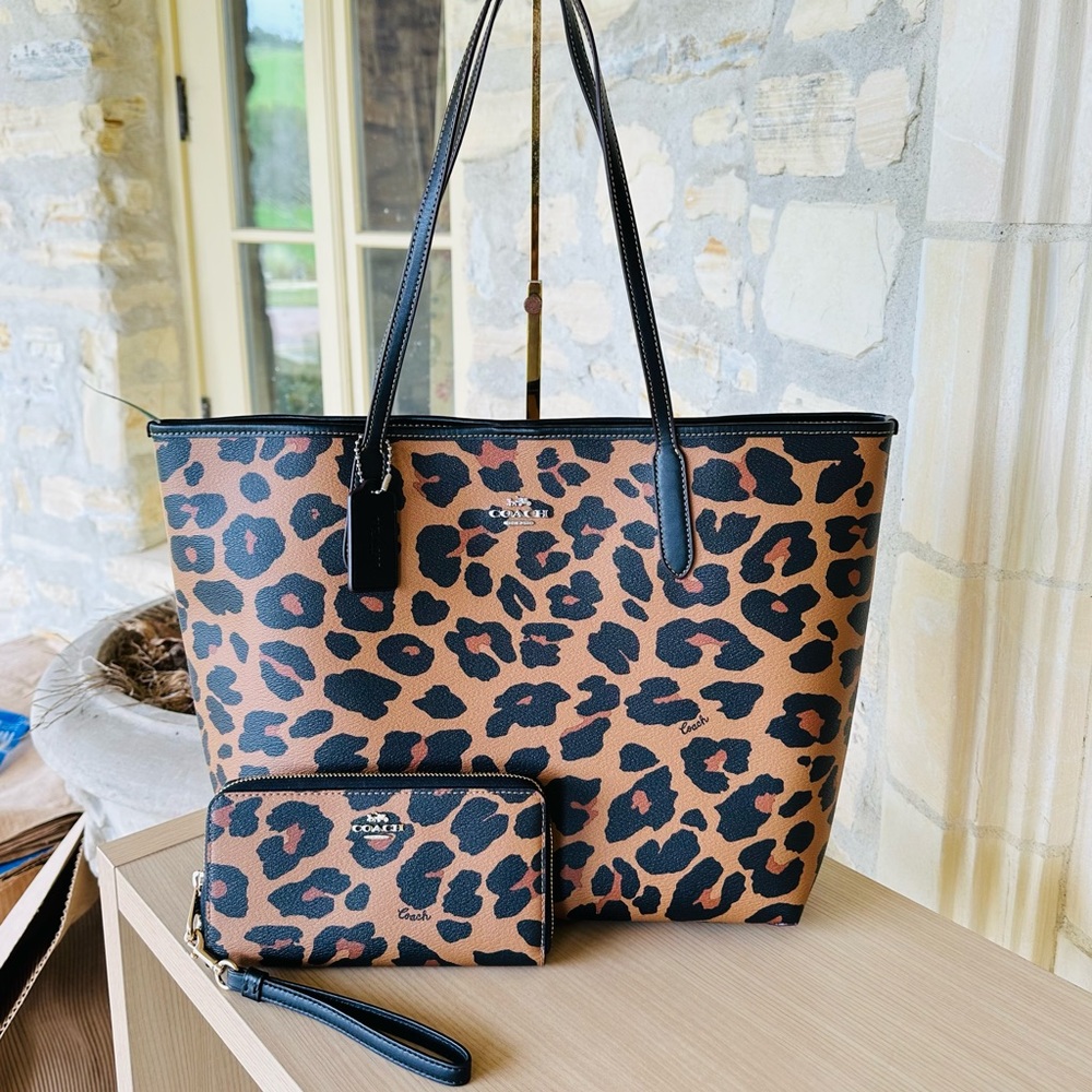 Coach leopard animal print city tote signature inside&wallet Set NWT Authentic